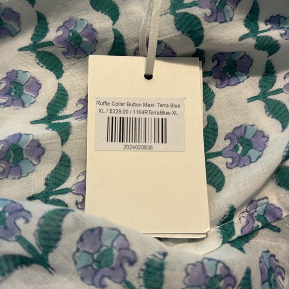 OLIPHANT Ruffle Collar button up Maxi Dress - Terra Blue with tie waist - Picture 4 of 6